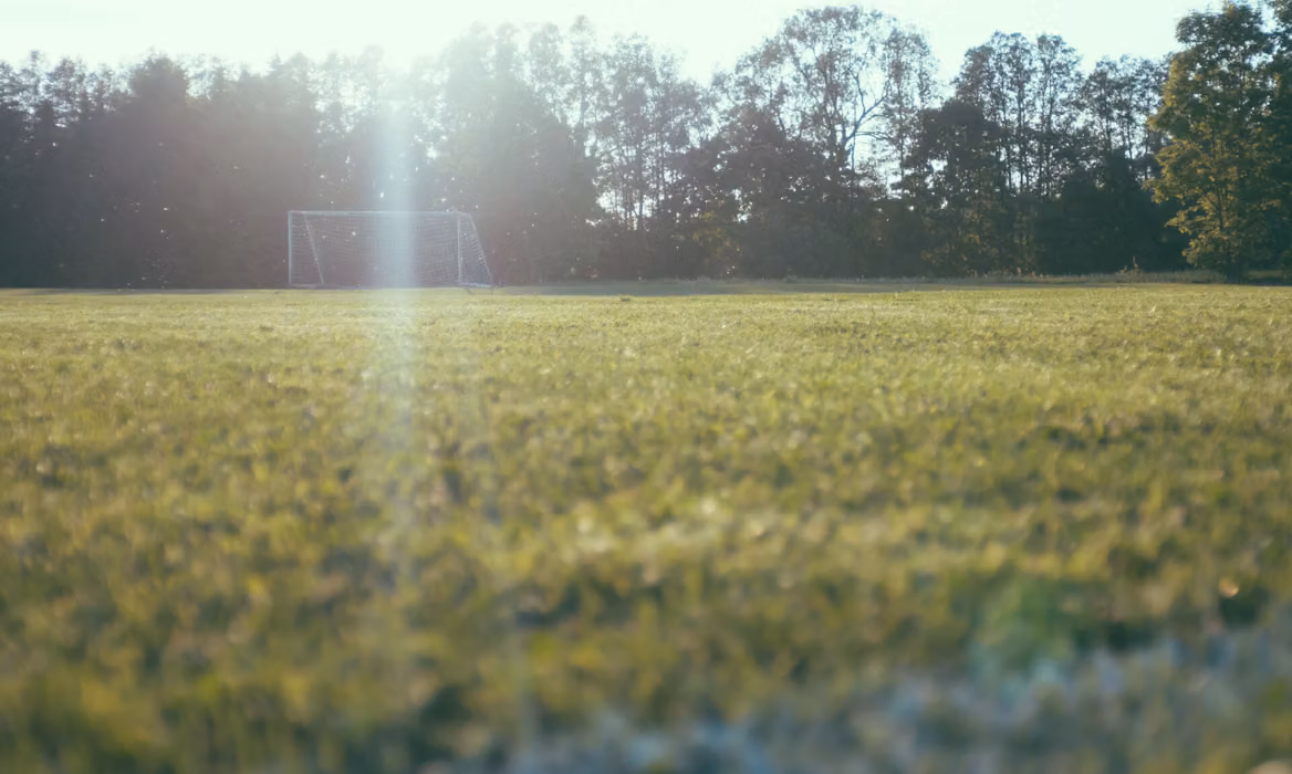 An empty grass soccer field in late-afternoon sun, with a small goal and a line of trees in the background.